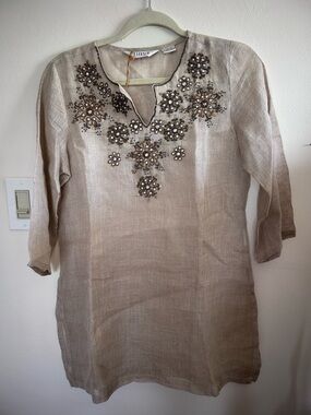 BIBA 100% Linen Embellished 3/4 Sleeve Tunic Blouse